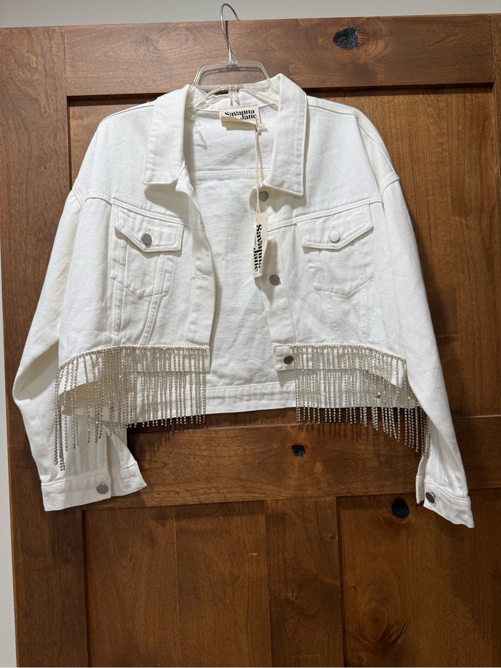 Savanna Jane White Cropped Denim Jacket with Rhinestone Fringe